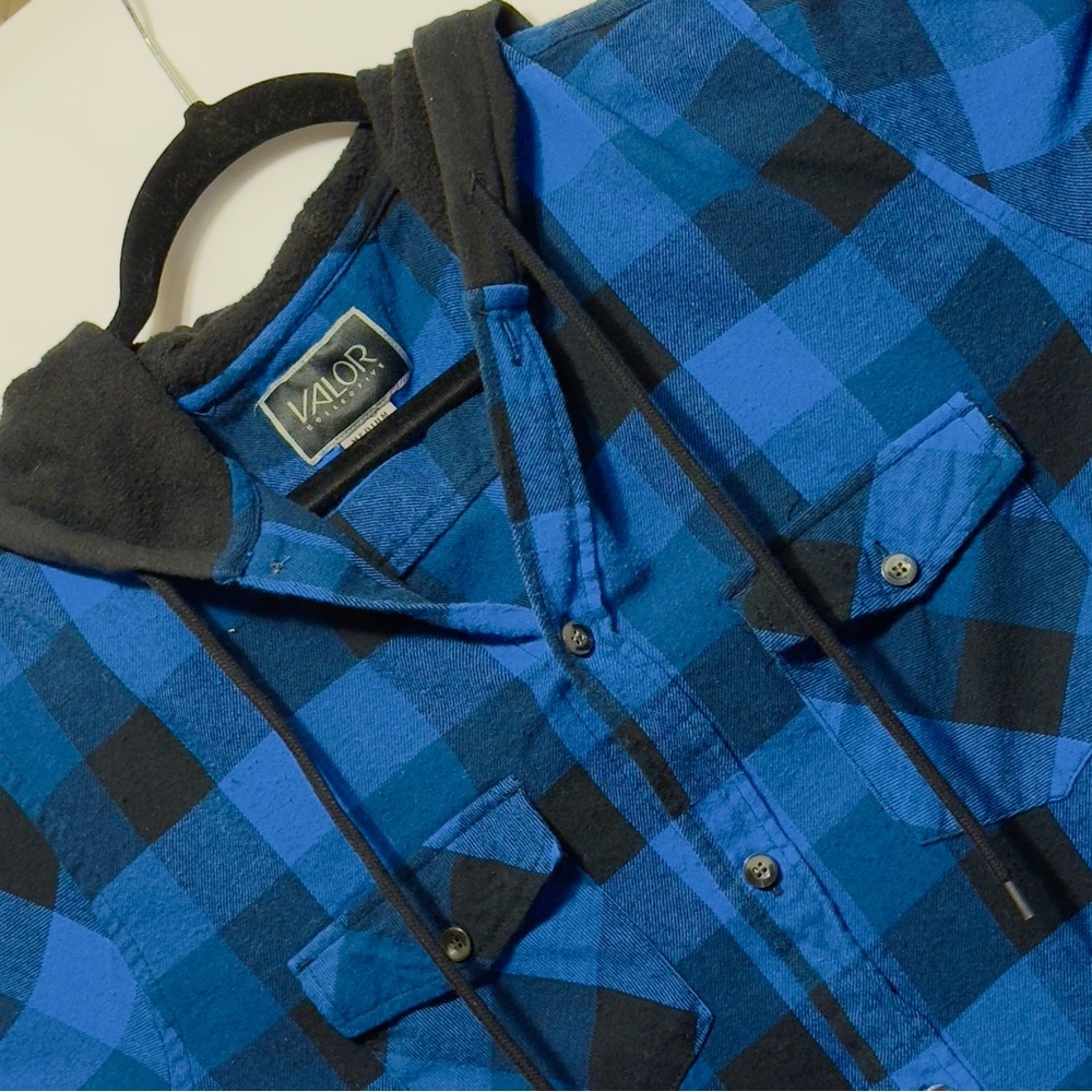 Valor Collective Mens Hoodie Blue Plaid 100% Cotton Button Up Size M ~ Excellent